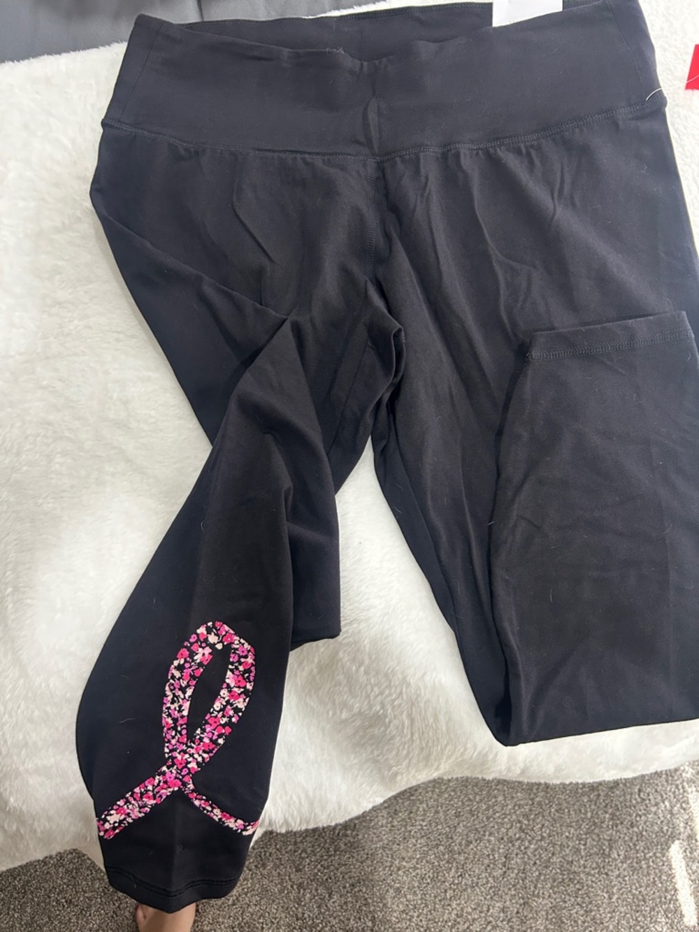 Black capri Leggings with Pink Floral Ribbon Accent
